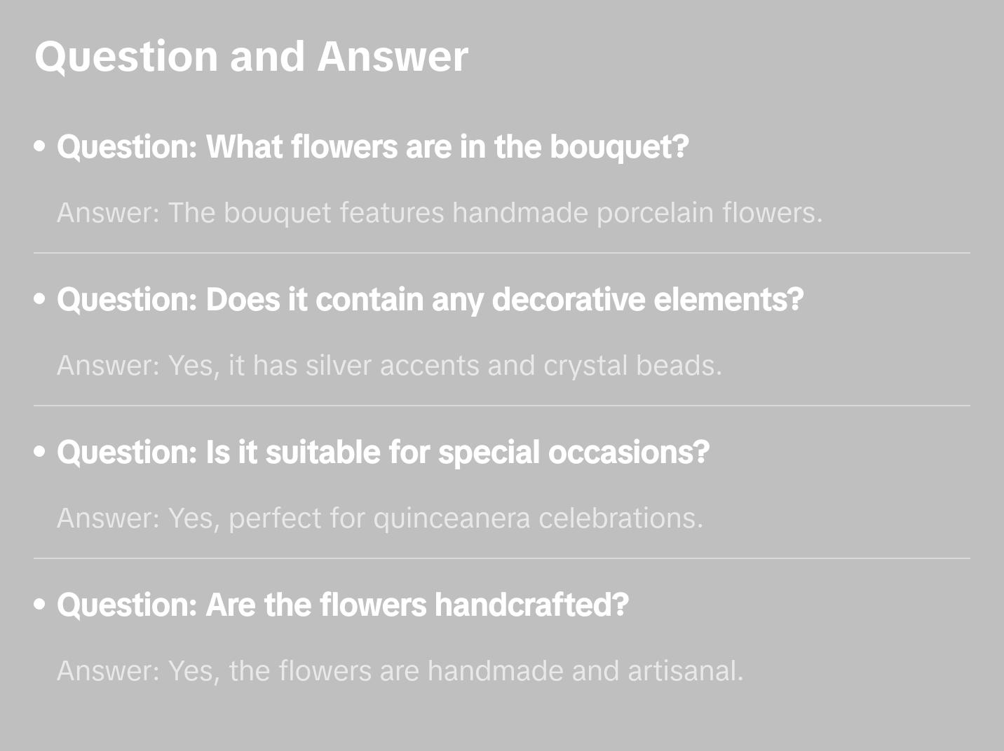 Lila Silver Artesanal Satin Flower Quinceanera Bouquet with Handmade Porcelain Flowers and Silver Accents Decorative Floral Arrangement