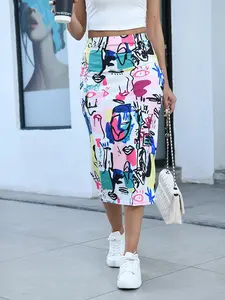 1Pc Summer Abstract Graffiti High Waist Bodycon Midi Skirt, Trendy Ins Art Style Casual Street Vacation Versatile Long Skirt