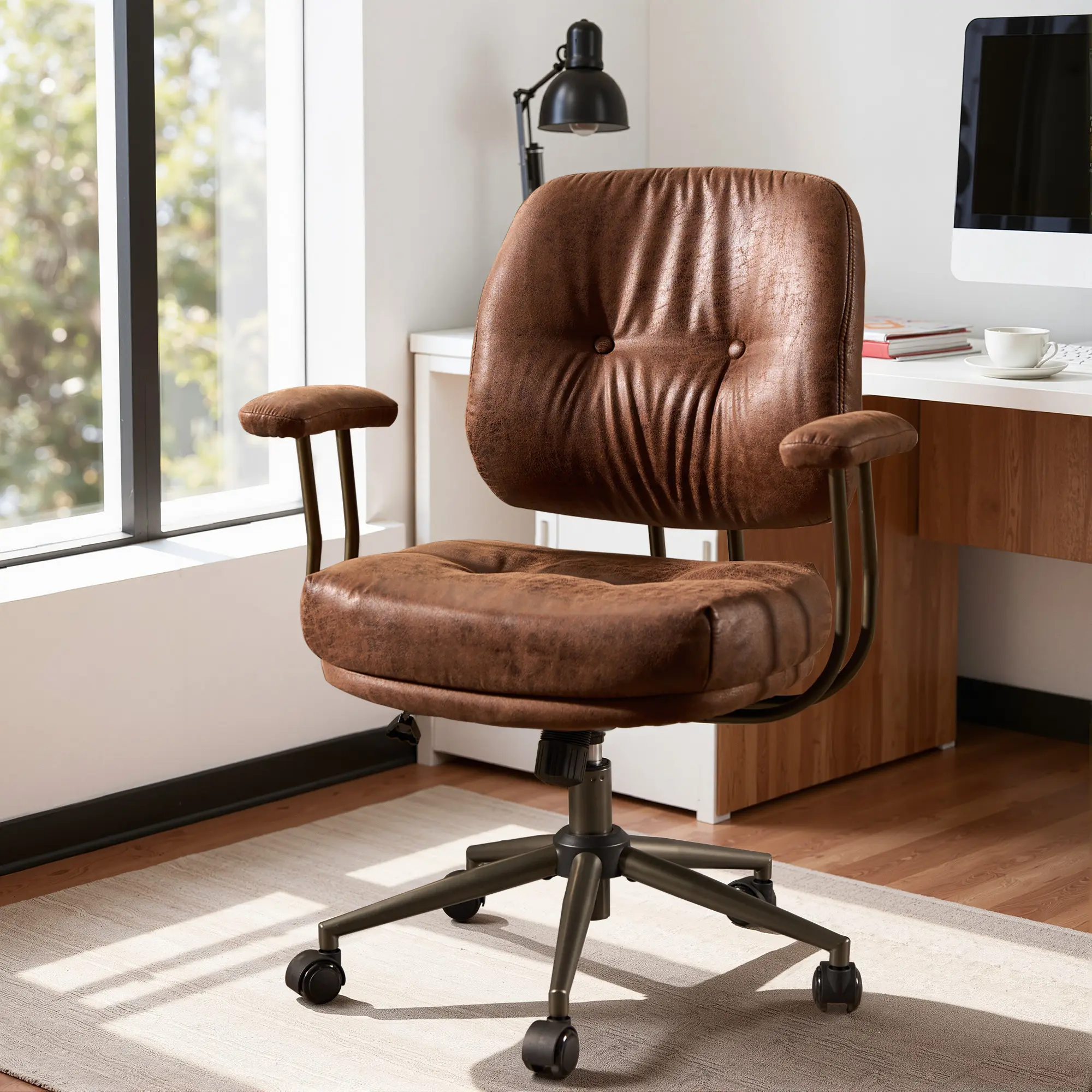 CAODOC Modern Desk Chairs with Wheels Adjustable Backrest Comfortable Synthetic Leather Office Chair with Armrests Swivel Base for Home Office Use Meeting Room Chairs