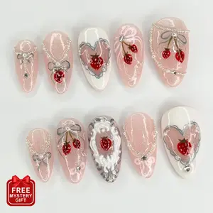 S48 Premium Sweet Strawberry Press-On Nails, 3D Heart & Cherry Details, Silver Bow Charms, Custom Press-On Nail, Solana Nails Town