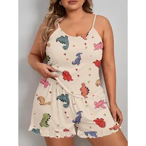 Women's Plus Easter Day Cute Pajamas Set, Plus Size Cartoon Dinosaur Print Round Neck Cami Top & Shorts Lounge 2 Piece Set