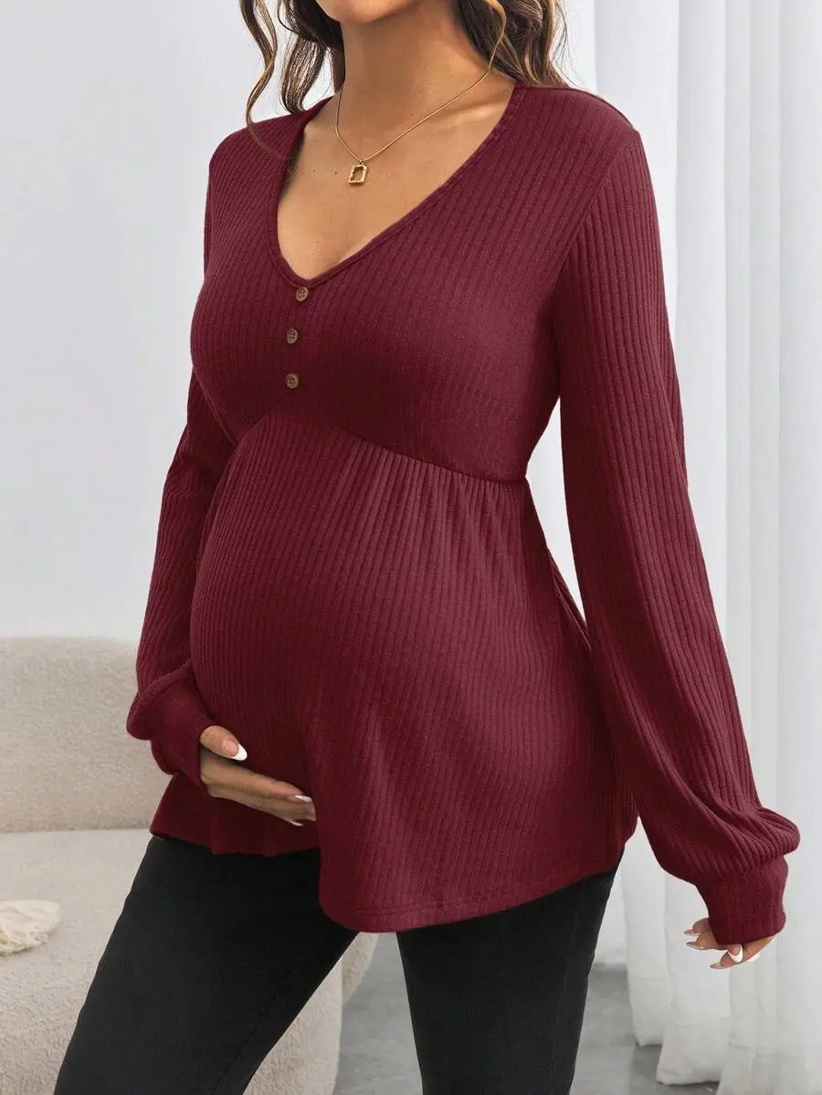 Bumpie x  Maternity Button Front Long Sleeve V-Neck Loose Pregnancy T-Shirt Fall