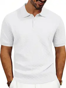 Men's Textured Classic Polo Shirt Short Sleeve Button-Up Collar, Breathable Casual Knit Fabric, Perfect for Golf Vacation Daily Wear