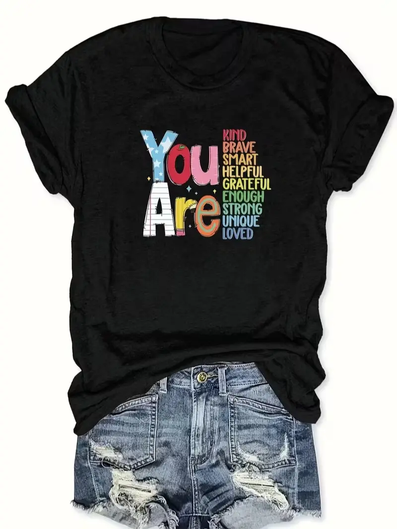 Men's Casual Cotton Fabric Round Neck Positive Affirmation Tee - "You Are Loved" Print, Self-Love Vibe, Teacher-Focused, Comfortable Fit