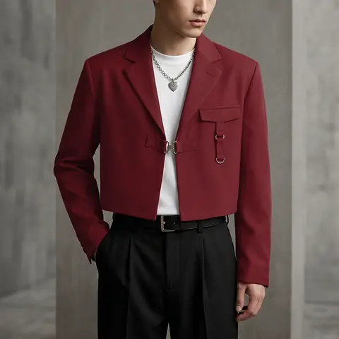 INCERUN Men's Formal Cyberpunk Cropped Fit Blazer - Long Sleeves, Punk-Street Fusion, Woven Polyester Fabric, Pocket, D-Ring Pocket, Cyberpunk Buckle, Plain Menswear - Punk Party Clubwear Streetwear Fashion Men's Clothing