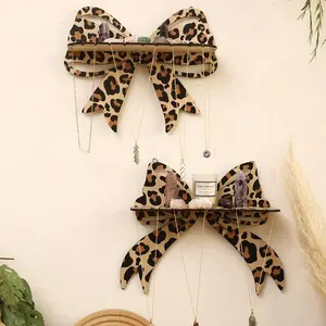 2 Counts/set Wooden Bowknot Design Wall Mounted Shelf Leopard-print Wall Hanging Jewelry Display Rack Home Organizer for Living Room Bedroom Decor Wall Mounted Holder