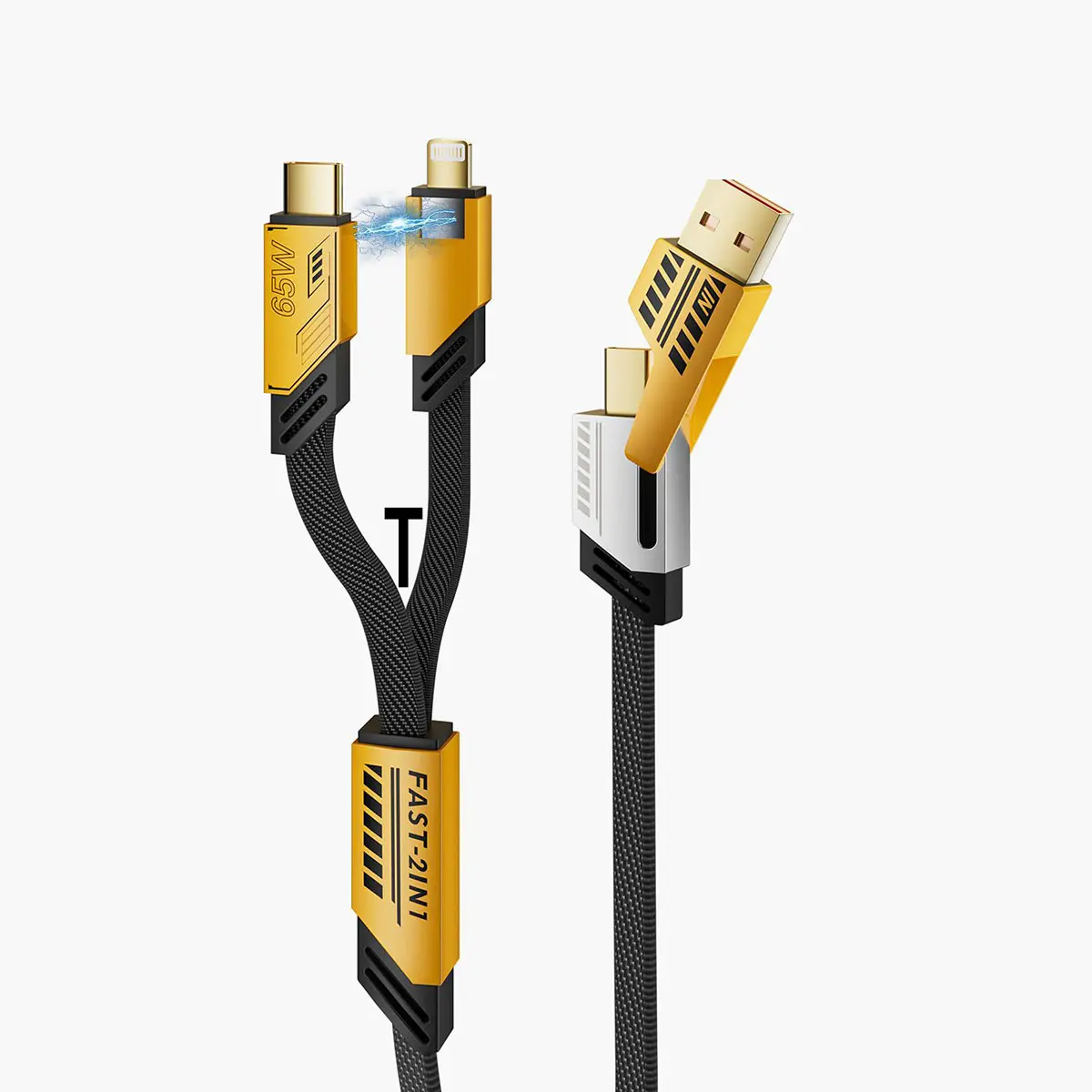 4 in 1 Data Cable PD 65W Fast Charging Cable Flat Braided Charger Type C/USB Charging Adapter
