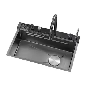 Game-Changing Multifunctional Smart Kitchen Sink, Stainless Steel Waterfall Workstation Sink with Real-Time Water Temp Display & Piano Key Water Control