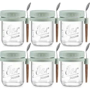 6 Pack Overnight Oats Containers with Lids and Spoons, 16 oz Glass Mason Overnight Oats Jars, Large Capacity Airtight Jars for Milk, Cereal, Fruit(Green)