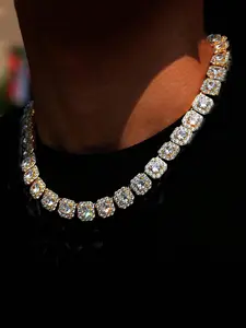 Men's Hip Hop Street Party Iced Out Jewelry, Full Diamond Square Zircon Cuban Chain Necklace, Unique Men's Fashion Accessory, Trendy Gift Idea, Fashionable Jewelry Accessories