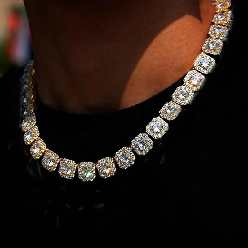 Men's Hip Hop Street Party Iced Out Jewelry, Full Diamond Square Zircon Cuban Link Design Bling Chain Necklace, Cuban Necklaces, Unique Men's Fashion Accessory, Trendy Gift Idea, Fashionable Jewelry Accessories