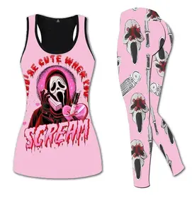 Pink Halloween Nightmare Ghostface Women Combo Tank Top Legging Set, Outfit All Over Print