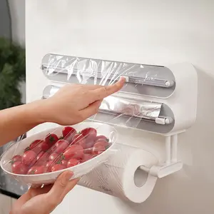 PrimPick 1 Wall-mounted plastic packaging and aluminum foil cutting machine with dispenser - easy to slide, kitchen double-layer cling film trimmer, perfect for food preparation and packaging