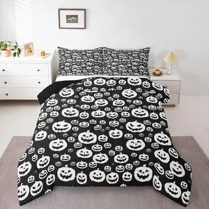 Happy Halloween Comforter Set,White Black Pumpkin Bedding Set for Kids Boys Girls,Horror Theme Duvet Quilt,Bedroom Decor Microfiber