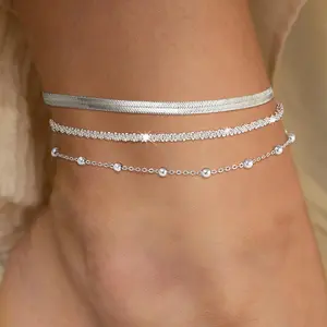 Tewiky Silver Ankle Bracelets for Women,Dainty Layered Waterproof Anklet for Women Adjustable Sparkly Herringbone Beaded Rope Chain Set Stackable Cute Summer Beach Jewelry Gift
