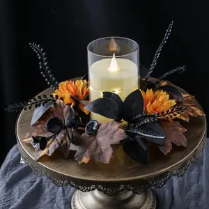 Halloween Black Candle Rings Wreath Pillar Candle Holder Artificial Maple Leaf Small Wreaths Candle Garland for Halloween Party Thanksgiving Home Table Centerpieces Decorations Holiday Decorations Black Leaves Black Maple Leaf
