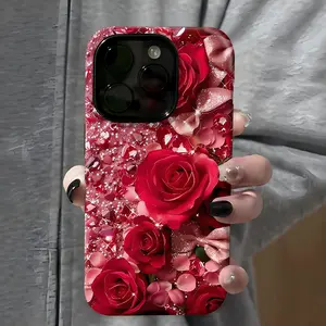Red Floral Pattern Phone Case,Shockproof Rugged Cover Dual Layer Soft TPU Hard Bumper Shell Design for iPhone 11 12 13 14 15 16 Pro Max Plus Aesthetic