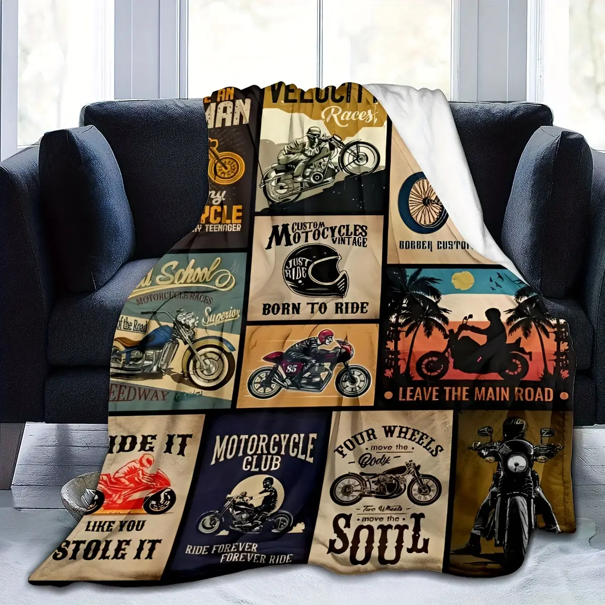 Vintage Motorcycle All Over Print Polyester Fleece Blanket for Bikers - Anti-Pilling, Soft, Durable, Retro Design & Slogan Throw, Anywhere Upgrade, Camping, Couch Layering, Machine Washable Gift