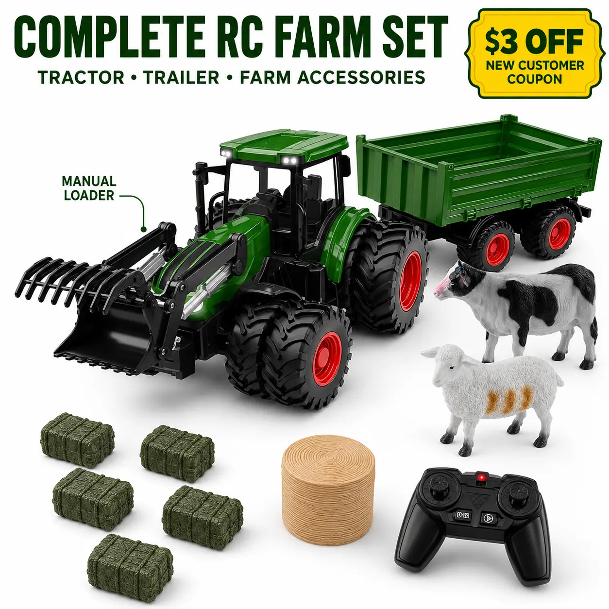 RC Farm Tractor Toy with Trailer, Remote Control Tractor Set with Farm Animals & Hay Bales, Realistic Farm Vehicle Toy for Kids 6+ and Tractor Fans