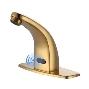 WOWOW Automatic Sensor Touchless Single Hole Bathroom Faucet with Battery Operated Temperature Mixer and Deckplate in Gold