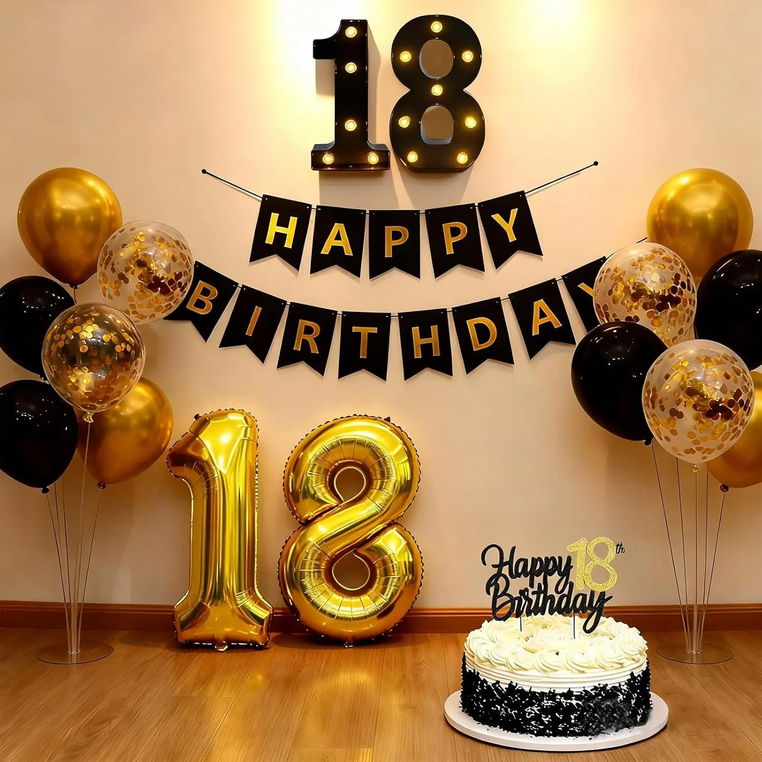 18th Birthday Decorations | Black Gold LED Marquee Number Sign, Balloons, Banner, Cake Topper