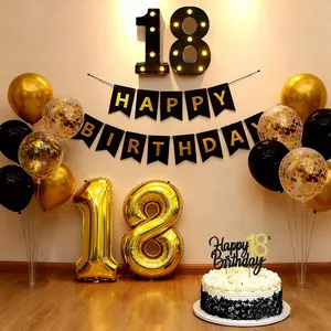 18th Birthday Decorations | Black Gold LED Marquee Number Sign, Balloons, Banner, Cake Topper