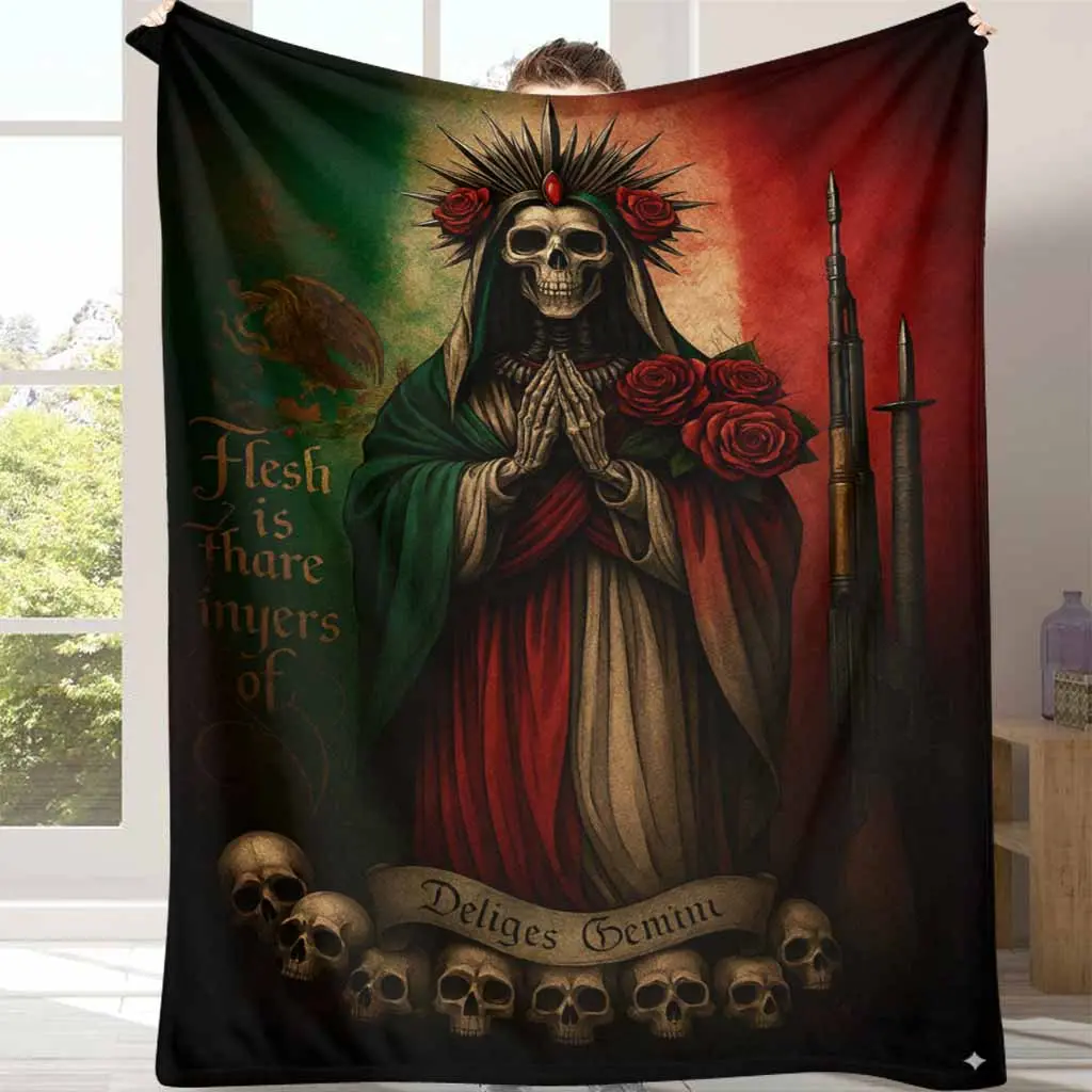 Mexican Santa Muerte Flannel Decorative Blanket - Gothic Ethnic Grim Reaper & Roses Print, Mexican Home Decor, Day of the Dead Use, Living Room Accent or Unique Spiritual Blanket Gifts