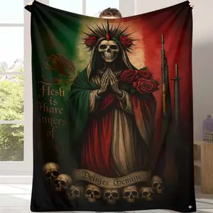 Mexican Santa Muerte Flannel Blanket, Grim Reaper & Roses Gothic Art Print Pattern, Suitable for Living Room, or Unique Spiritual Gift,Print Blanket