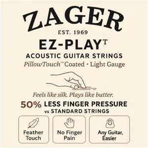 Zager Easy Play Pillow Touch Coated Guitar Strings - Acoustic Guitar Strings - 80/20 Bronze - For 6 String Guitar - Deep Bright Projecting Tone - Custom Light Gauge - Pack of 1