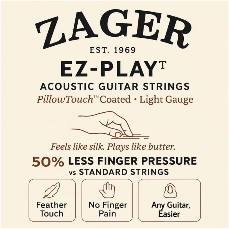 Zager Easy Play Pillow Touch Coated Guitar Strings - Acoustic Guitar Strings - 80/20 Bronze - For 6 String Guitar - Deep Bright Projecting Tone - Custom Light Gauge - Pack of 1