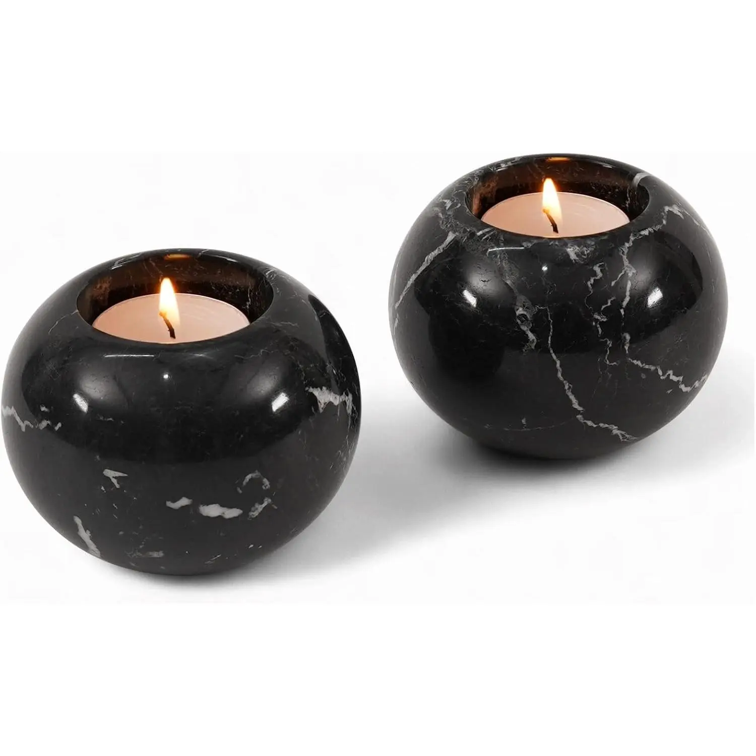 Marble Tea Light & Votive Candle Holders 3 Inch, Black | Set of 2, handmade. Fits standard tealights. Dining table centerpiece, mantel and shelf decor, wedding or housewarming gift.