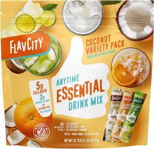 FlavCity Anytime Essential Coconut Variety Pack Drink Mix Sticks with Collagen, Coconut Water, Fiber & Electrolytes, 3 Flavors, 30 Packets