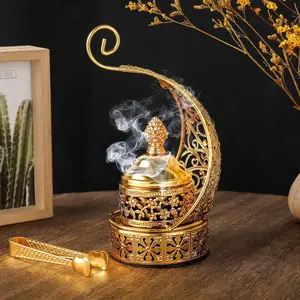 1PC Middle Eastern Style Golden Crescent Incense Burner, Hollow Carved Sandalwood Incense Burner, Desktop Decorative Aromatherapy Ornament for Home & Indoor Use