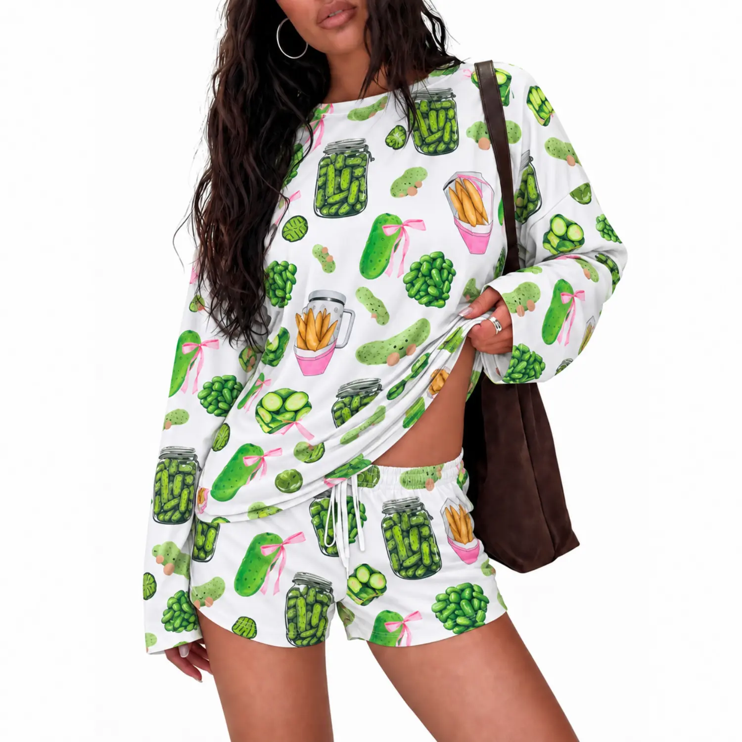Women's 2-Piece Loungewear Set, Pickle Jars Print Relaxed Fit Crew Neck Long Sleeve Top & Elastic Waist Shorts, Cozy Casual Home Outfit