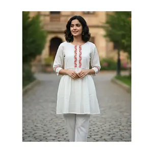 Ivory Embroidered Kurti/ (Top-73 )3/4 Sleeves with Floral Cuff Detail