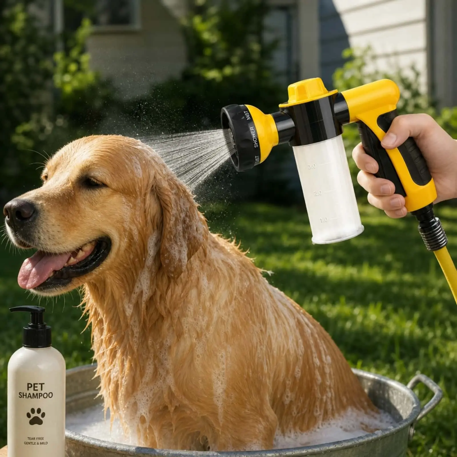 2-in-1 Pet Shower Sprayer Head with Shampoo Bottle, Universal Fit Garden Hose Bath Nozzle for Dogs & Cats Outdoor Grooming, Spray Head