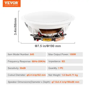 VEVOR 6.5 Inch in Ceiling Speakers, 150-Watts, Flush Mount Ceiling in-Wall Speakers System with 8Impedance 89dB Sensitivity, for Home Kitchen Living Room Bedroom or Covered Outdoor Porches, Single