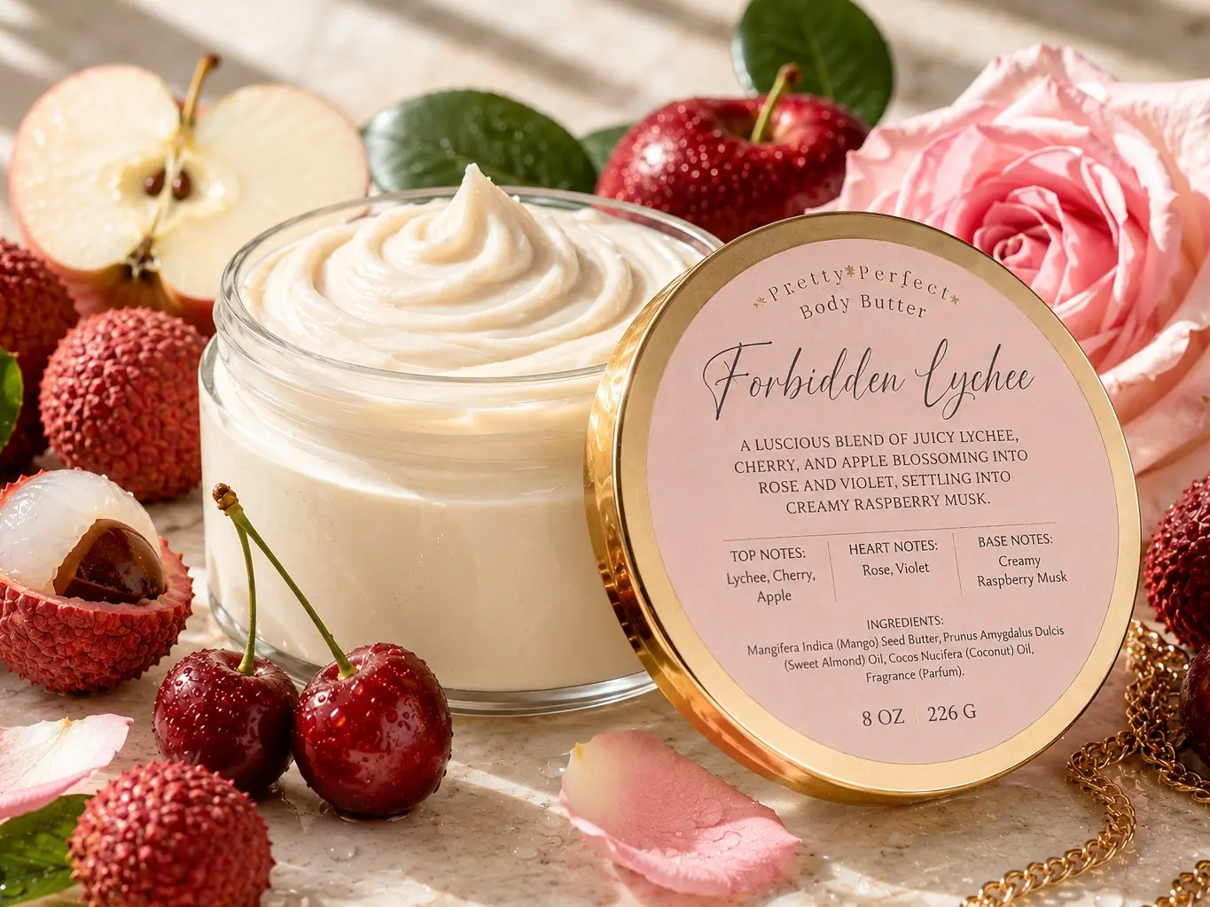 Forbidden Lychee Body Butter - Violet Cherry Scented Cosmetic Hydrating Body Blend, Ultra-Homemade Moisturizer for Mature Female Adults, Daily Use with Long-Lasting Fragrance for Cracked Heels