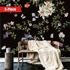 One 147.64inch * 98.43inch Black Floral Mural With Adhesive At The Bottom Of The 5-piece Split Self-adhesive Wallpaper Living Room Design