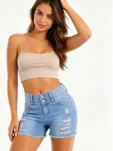 Women's Mid Rise Denim Shorts with Stretch Raw Hem Detail & Button Closure Casual Summer Style Jean Womenswear