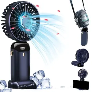 Portable Mini Fan, USB Rechargeable Handheld Fan with LED Battery Display, 5 Speeds, Digital Display, 90° Adjustable Stand with Base, Travel Fan