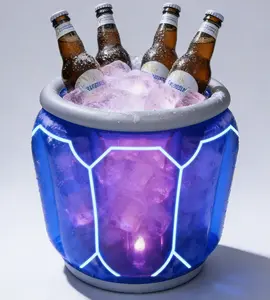 Inflatable LED Ice Bucket & Self-Supporting Collapsible Water Tank - Portable Glowing Drink Cooler for Pool Parties, Camping & Fishing - Leak-Proof Blow Up Beverage Tub - Glacier Clear Cyberpunk Aesthetic - Large Folding Basin for Night Events chest box