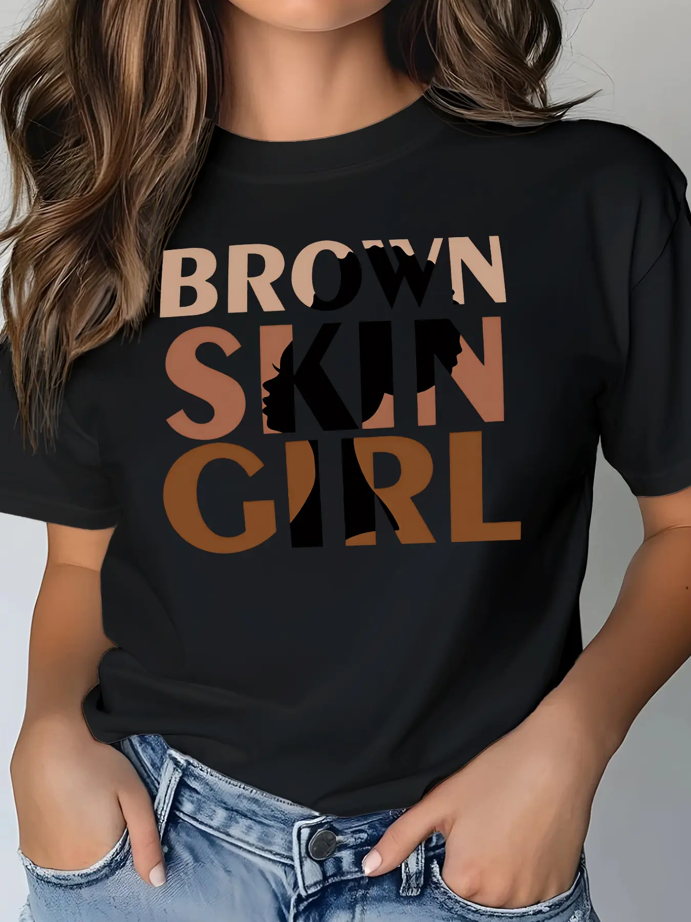 Women's Casual Streetwear Short Sleeve T-Shirt, Bold Graphic Tee, "Brown Skin Girl" Slogan & Silhouette Print, Multiple Colors, Machine Washable, Spring & Summer Top, Soft Skin-Friendly Fabric, Daily Wear, Fashion Design