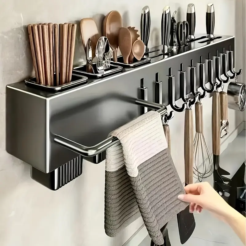 Wall-Mounted Durable Carbon Steel Japanese Knife Rack for Home, No-Drill Easy-to-Set-Up Storage with ABS Hooks, Chopstick Holder, Towel Rack for Knives, Cutlery, Cutting Boards (Ideal for Busy Kitchens)