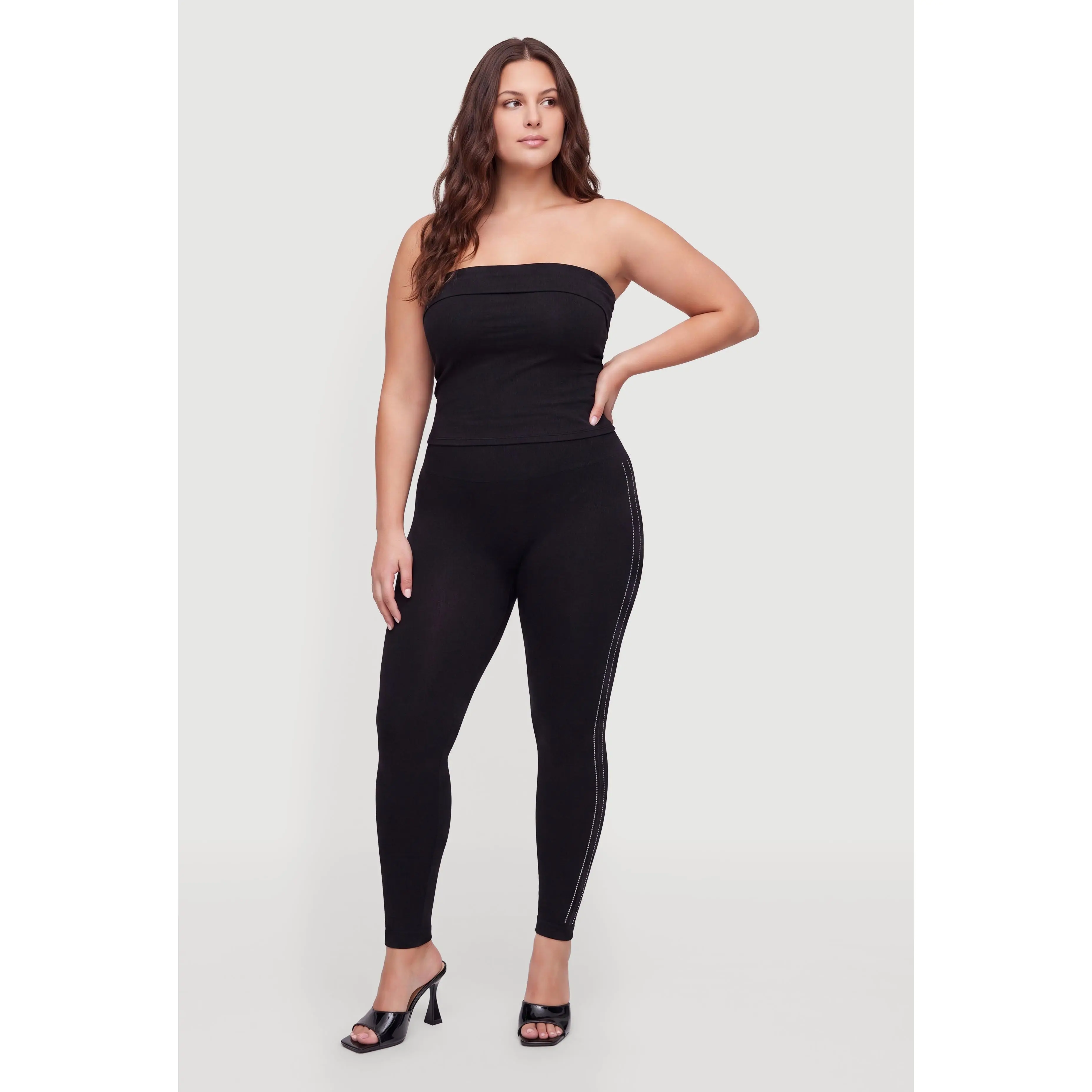 Plus Size Side Rhinestone Detail Seamless Leggings