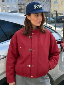 Red Jackets Women's Coat Demi-Season Cropped Women's Bomber Jacket Streetwear Long Sleeve Jacket Female Oversize Frog Buckle Aviator Jacket Outerwear