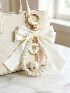 Elegant Velvet Bow Pearl Keychain, Light Luxury Small Charming Style, Portrait Round Pendant, Metal Key Ring for Women, All Seasons Accessory