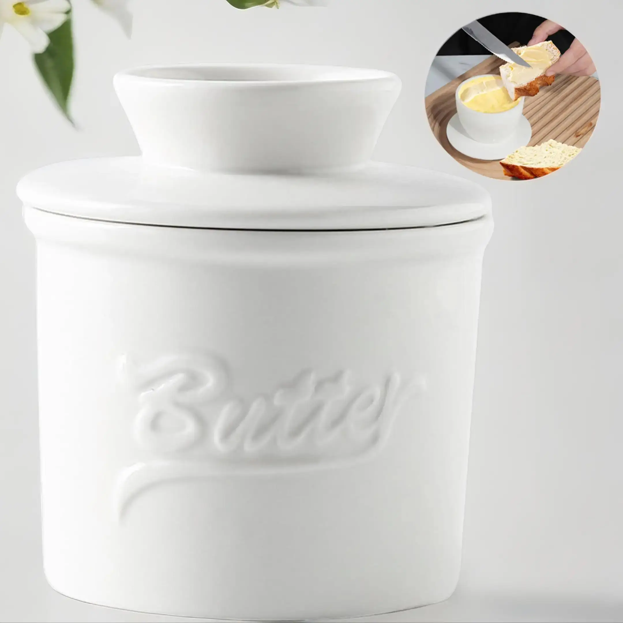Butter Jar with Lid, 1 Count Ceramic Butter Preserving Keeper, Butter Container with Water Seal for Kitchen Storage, Home Decor, Holiday Gifts, Leak P