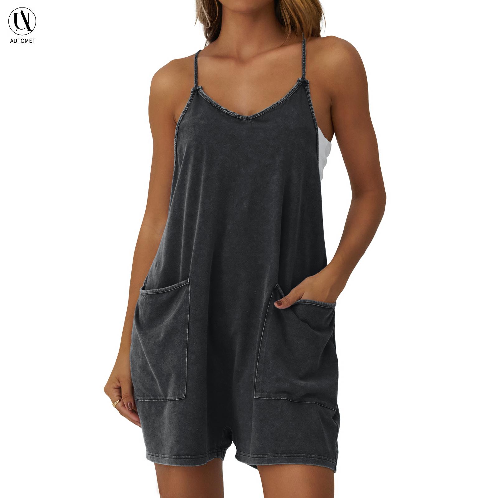 AUTOMET Women's Fashion Minimalist Cotton Blend Acid Wash Sleeveless Spaghetti Strap Loose Casual Comfy Jumpsuit - Short Lady's Basic Women's Clothes with Pockets, Summer Overalls,summeroutfits,vacationoutfits,bathingsuitwomenset,beachoutfits