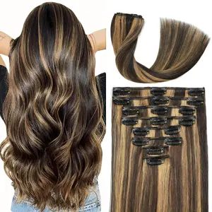 Clip in Hair Extensions Real Human Hair 20inch 8pcs 105g Seamless Balayage Dark Brown Hair Extensions Clip Ins Double Weft Dark Brown Highlight Chestnut Br